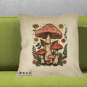 Perna Decorativa Ciuperci Vintage Floral, 40x40 cm, Crem, Husa Detasabila, Perna Inclusa, BEKZ®