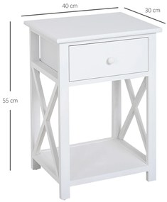 HomCom Noptiera pentru Dormitor din Lemn Alb, 40 x 30 x 55cm