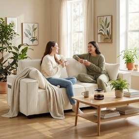 HOMCOM Canapea 3 locuri din velur canelat 218 cm, canapea de living, perne cu arcuri, cotiere late, 2 perne, bej | Aosom Romania