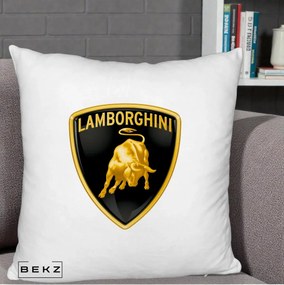 Perna Personalizata cu emblema Lamborghini, 40x40 cm, Alb Pufos, Husa Detasabila, Perna Inclusa, BEKZ®