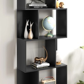 HOMCOM Bibliotecă cu 5 Rafturi Divizate în Formă de S din Lemn, 60x24x184.5 cm, Negru | Aosom Romania
