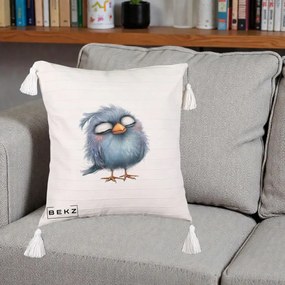 Perna Decorativa Pui Pufos Albastru Adormit, 40x40 cm, Bej cu Franjuri, Husa Detasabila, Perna Inclusa, BEKZ®