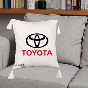 Perna Personalizata cu emblema Toyota, 40x40 cm, Bej cu Franjuri, Husa Detasabila, Perna Inclusa, BEKZ®