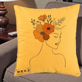 Perna Decorativa Portret Feminin Flori Galbene-Portocalii, 40x40 cm, Galben, Husa Detasabila, Perna Inclusa, BEKZ®