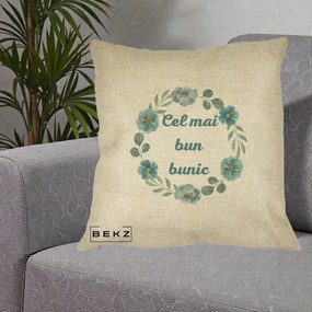 Cadou pentru Bunic - Perna Personalizata Cel Mai Bun Bunic Coronita Flori Albastre Teal, 40x40 cm, Crem, Husa Detasabila, Perna Inclusa, BEKZ®