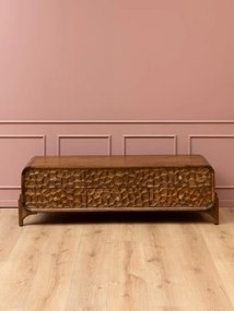 Comodă TV din lemn de mango cu 1 ușă și 3 sertare , natur, cu decor sculptat în relief și mânere din alamă, 150x32,5x160,5 cm, „Atlas"