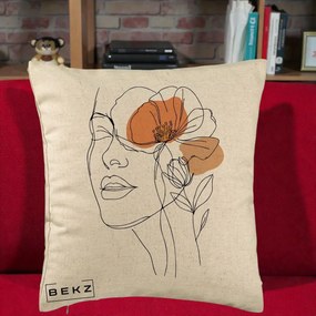Perna Decorativa Portret Feminin Mac Profilat, 40x40 cm, Bej, Husa Detasabila, Perna Inclusa, BEKZ®