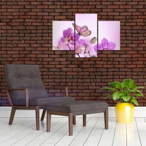 Tablou - Fluture pe flori de orhidee, liliac (90x60 cm)