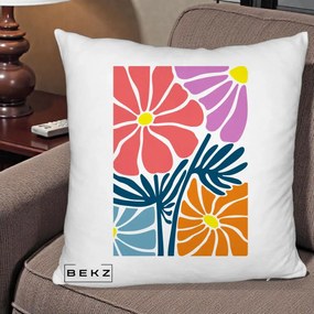 Perna Decorativa Flori Grafice Roz-Orange-Albastru, 40x40 cm, Alb Pufos, Husa Detasabila, Perna Inclusa, BEKZ®