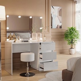 Masuta machiaj cu Oglinda LED si 3 Sertare pentru Cosmetice, Set Masa toaleta 120 cm, Alb Lucios, masuta cosmetica, vanity - SEA805
