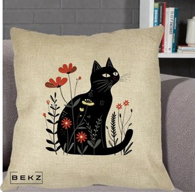 Perna Decorativa Pisica Neagra Flori Rosii Folk, 40x40 cm, Crem, Husa Detasabila, Perna Inclusa, BEKZ®