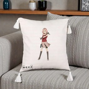 Perna Personalizata Naruto Sakura Haruno Portret, 40x40 cm, Bej cu Franjuri, Husa Detasabila, Perna Inclusa, BEKZ®