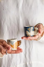 Set 2 cești din ceramică cu decor floral și pasăre pictată manual, mâner în formă de aripă, 5x5 cm, "Hezha"