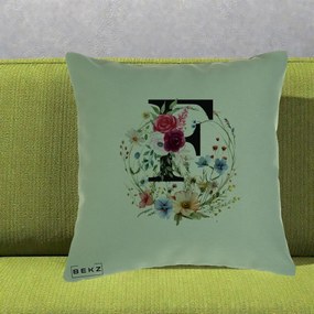 Cadou Personalizat - Perna Personalizata Monogram Litera F cu Flori Acuarela, 40x40 cm, Verde, Husa Detasabila, Perna Inclusa, BEKZ®