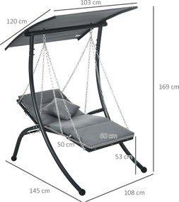 Outsunny leagăn suspendat, acoperiș rabatabil, incl. pernă de șezut, pernă pentru cap, cadru din oțel, gri închis, 108 x 145 x 169 cm | Aosom Romania