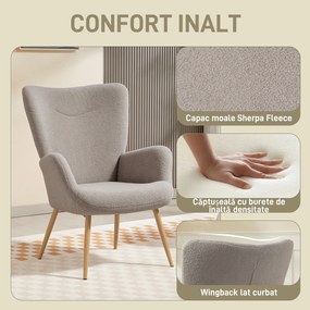 Fotoliu Modern Imbottito de Sufragerie HOMCOM, Fotoliu de Dormitor în Țesătură Sherpa cu Spătar Înalt și Brațe, Fotoliu Relax cu Cadru din Oțel pentru Sufragerie, Gri Deschis | Aosom Romania