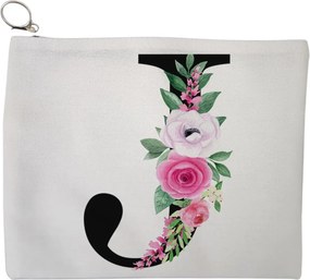 Portfard Cosmetice tip Plic, Cu litera J si Trandafiri, 23x18 cm, Alb, BEKZ®