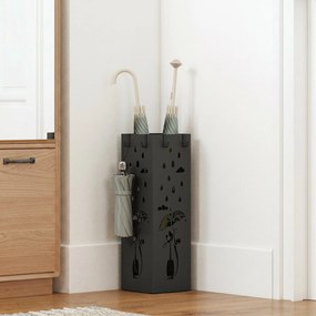 HOMCOM Suport de Umbrele Pătrat din Metal pentru Intrare, Suport Autoportant cu Tavă Detașabilă și 4 Cârlige, pentru Interior și Exterior, 15.5x15.5x49 cm, Negru | Aosom Romania