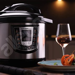 Multicooker cu gatire subpresiune First-Austria FA-5130, 12 programe, 6 l, 1000W, Timer, Start amanat, Accesorii, Negru/Inox