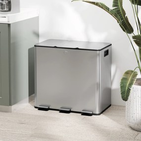 HOMCOM Pubelă de reciclare 45L cu 3 compartimente și închidere silențioasă, din oțel inoxidabil și PP, 61.9x36.6x43.2 cm, argintiu | Aosom Romania