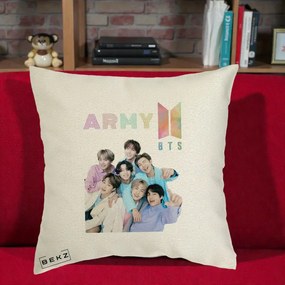 Perna Personalizata K-pop BTS ARMY Fotografie Grup Veseli, 40x40 cm, Ecru, Husa Detasabila, Perna Inclusa, BEKZ®