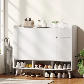 HOMCOM Pantofar Hol cu 4 Uși Push-to-Open, Rafturi Reglabile, MDF și Lemn Pin, 120x35x100 cm, Alb | Aosom Romania