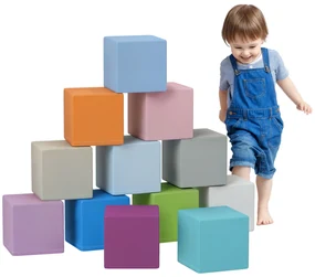 HOMCOM Set 12 Cuburi de Jucărie Moi pentru Copii 12-36 Luni, 20x20x20 cm, Multicolor Închis | Aosom Romania