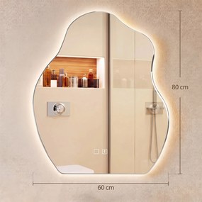 HOMCOM Oglindă baie LED 80 x 60 cm, 3 culori, design neregulat, Bluetooth, antiaburire, touch | Aosom Romania