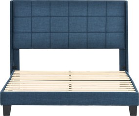 Pat dublu cu tăblie tapițată și somieră cu lamele, design elegant din in, fără saltea, 140x200 cm, Albastru