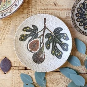 Tavă pentru servire din ceramică cu model mozaic și motiv smochine, H2,5/D21 cm, crem &amp; olive, „Chartres”
