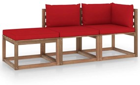 Set mobilier gradina paleti, cu perne, 3 piese, lemn pin tratat Rosu, colt + mijloc + suport pentru picioare, 1
