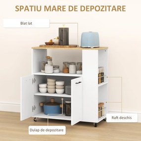 HOMCOM Cărucior de Bucătărie cu Raft Deschis, Dulăpior cu 2 Uși și Raft Lateral pe 2 Niveluri, 75x40x80,5 cm, Alb | Aosom Romania