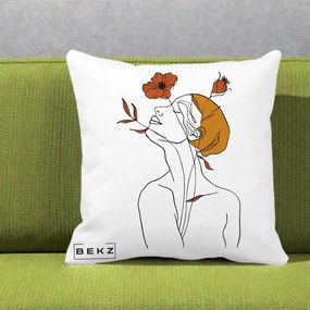 Perna Decorativa Portret Feminin Mac Privire Inalta, 40x40 cm, Alba Mata, Husa Detasabila, Perna Inclusa, BEKZ®