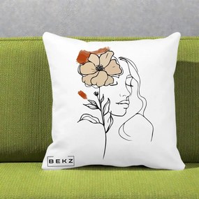 Perna Decorativa Portret Feminin Floare Bej Terracotta, 40x40 cm, Alba Mata, Husa Detasabila, Perna Inclusa, BEKZ®