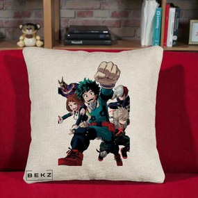 Perna Personalizata My Hero Academia Izuku Deku si Echipa, 40x40 cm, Bej Canapea, Husa Detasabila, Perna Inclusa, BEKZ®