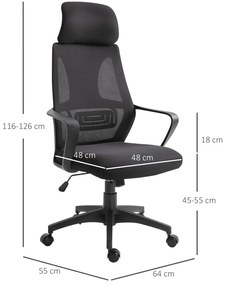 Vinsetto Scaun de Birou Ergonomic cu Brațe și Tetieră Reglabilă, Scaun Pivotant cu Suport Lombar, 64x55x116-126 cm, Negru | Aosom Romania