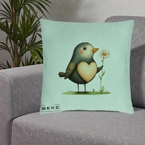 Perna Decorativa Pasare cu Inima si Margareta, 40x40 cm, Verde Menta, Husa Detasabila, Perna Inclusa, BEKZ®