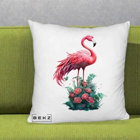 Perna Decorativa Flamingo cu Trandafiri Tropicali, 40x40 cm, Alb Pufos, Husa Detasabila, Perna Inclusa, BEKZ®