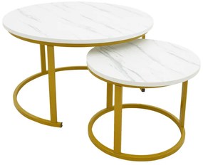 Set 2 Masute Cafea Rotunde Arcadia Finisaj Marmura Alba , Cadru Auriu
