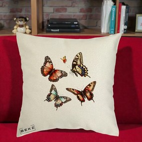 Perna Decorativa Colectie Fluturi Multicolori, 40x40 cm, Ecru, Husa Detasabila, Perna Inclusa, BEKZ®