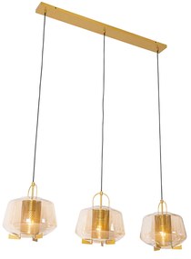 Lampă suspendată aurie cu sticlă chihlimbar 30 cm dreptunghiulară cu 3 lumini - Kevin