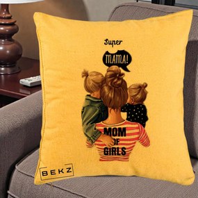 Cadou pentru Mama - Perna Personalizata Super Mama Mom of Girls, 40x40 cm, Galben, Husa Detasabila, Perna Inclusa, BEKZ®