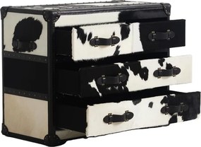 Comodă cu 4 sertare tip cufăr, din piele naturală de vacă și lemn de stejar, alb-negru, cu colțare din metal, 80 x 100 x 50 cm, „Cow”