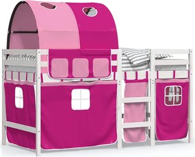 vidaXL Pat etajat de copii cu tunel, roz, 90x190 cm, lemn masiv pin