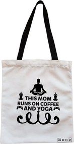 Sacosa de Panza pentru Cumparaturi, Geanta Tote, Yoga This MOM runs on coffe and yoga, Cu fermoar, 38x34.5 cm, Alba, BEKZ®