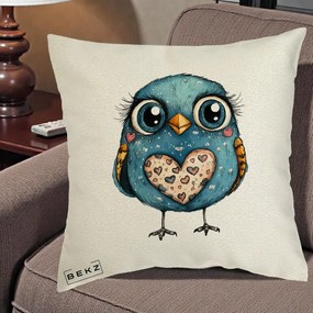 Perna Decorativa Bufnita Albastra cu Inimioare, 40x40 cm, Ecru, Husa Detasabila, Perna Inclusa, BEKZ®