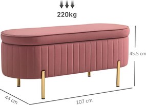 HOMCOM Bancă ovală cu spațiu de depozitare 72 L, cu capac rabatabil, din catifea și lemn, 108 x 44 x 43,5 cm, roz | Aosom Romania
