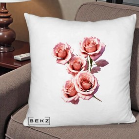 Perna Decorativa Trandafiri Roz Pastel Acuarela, 40x40 cm, Alb Pufos, Husa Detasabila, Perna Inclusa, BEKZ®