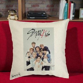 Perna Personalizata K-pop Stray Kids cu Foto Grup Alb-Albastru, 40x40 cm, Ecru, Husa Detasabila, Perna Inclusa, BEKZ®