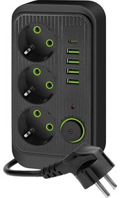 Multipriză cu întrerupător LINEA 3x230V + 5xUSB c.a. negru
